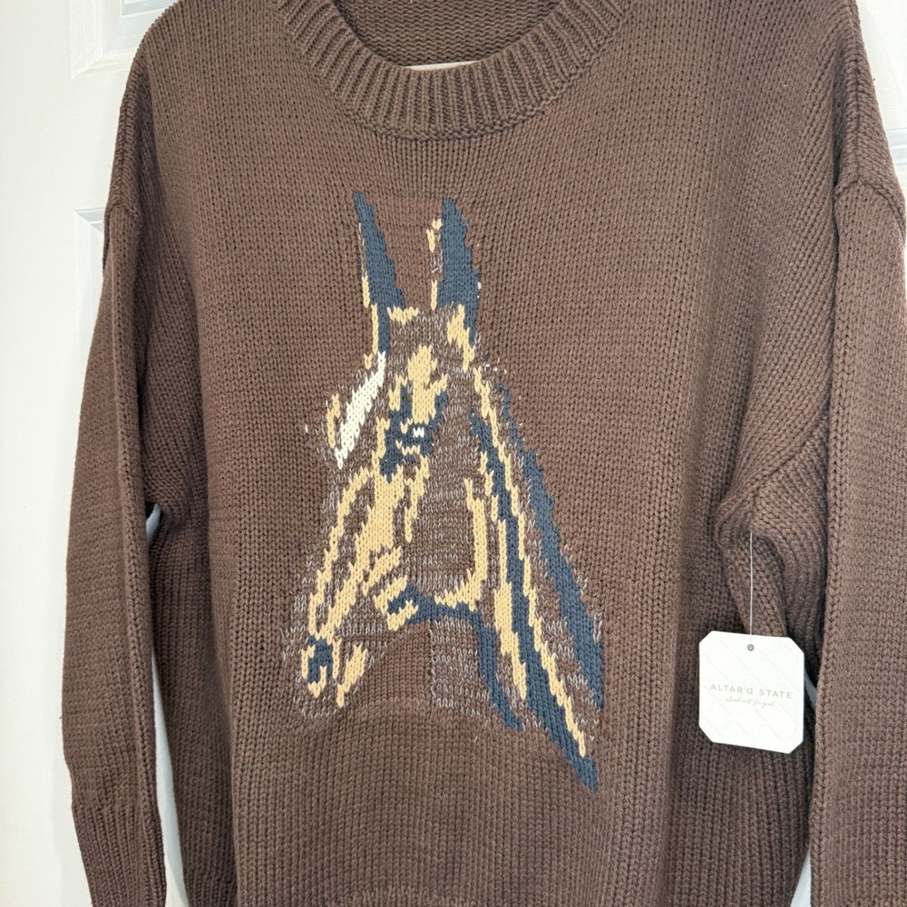 Altar'd State‎ Brown Horse Knit Crewneck Oversized Pullover Sweater Size Small - Picture 5 of 8